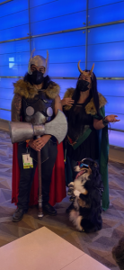 Thor and Loki cosplayers - with bonus dog - at SDCC 2022